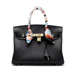 Structured Leather Work Bag with Gold Lock - Women's Handbags
