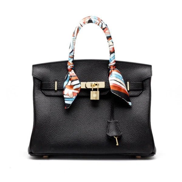 Structured Leather Work Bag with Gold Lock - Women's Handbags