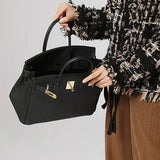Structured Leather Work Bag with Gold Lock - Women's Handbags