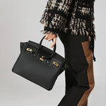 Structured Leather Work Bag with Gold Lock - Women's Handbags