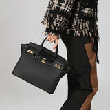 Structured Leather Work Bag with Gold Lock - Women's Handbags