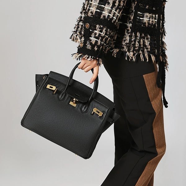 Structured Leather Work Bag with Gold Lock - Women's Handbags