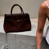 Suede Top Handle Bag with Soft Structure – Understated Elegance - Women's Handbags