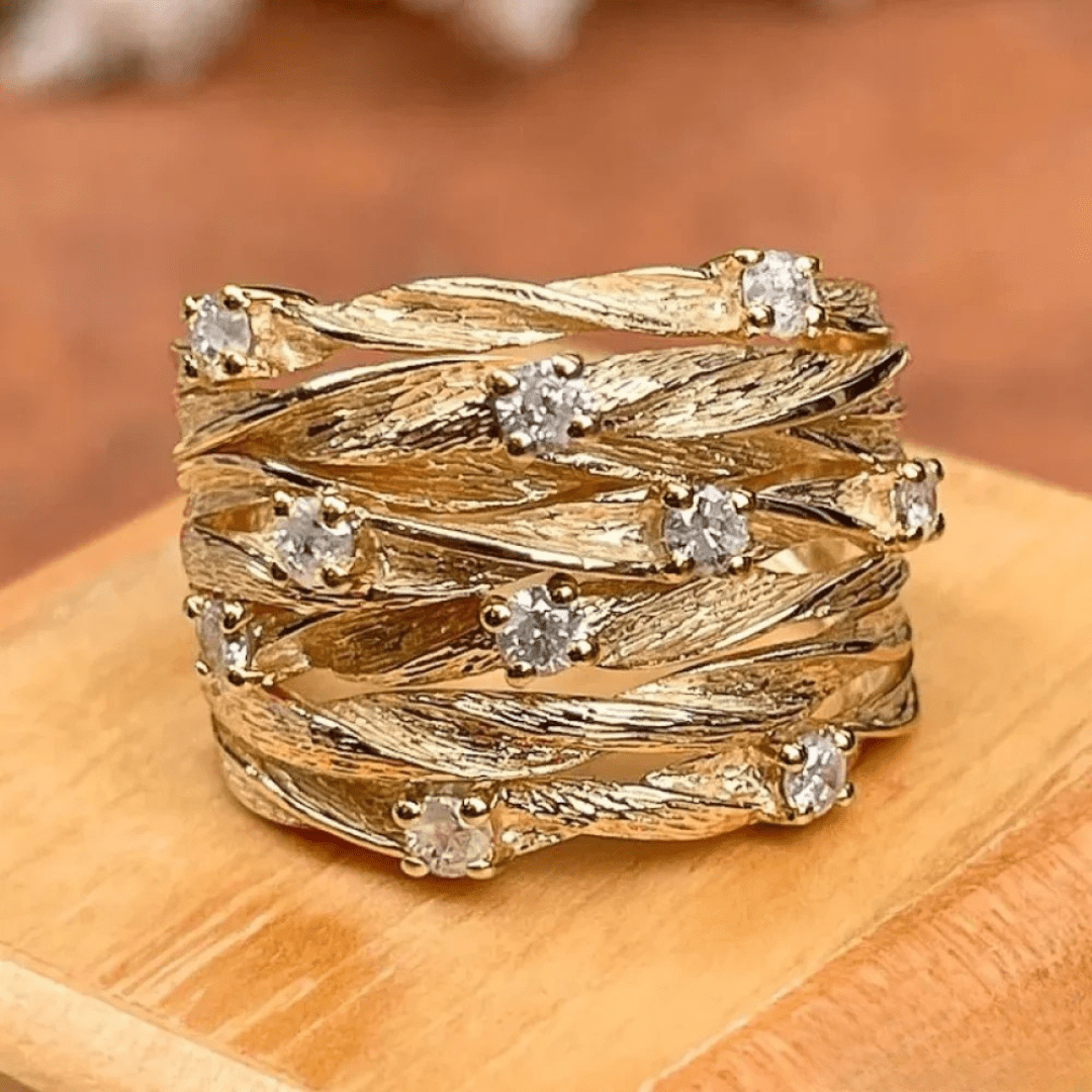 Textured Gold Leaf Band Ring with White Stone Accents - Ring