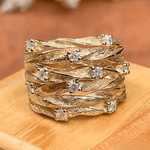 Textured Gold Leaf Band Ring with White Stone Accents - Ring