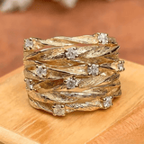 Textured Gold Leaf Band Ring with White Stone Accents - Ring