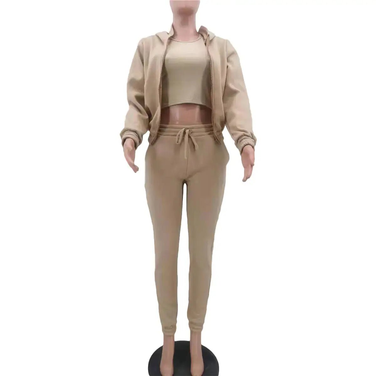 Three - Piece Cropped Zip - Up Hoodie, Bralette & Joggers Set - Casual Comfort - Women's Outfit Set