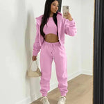 Three - Piece Cropped Zip - Up Hoodie, Bralette & Joggers Set - Casual Comfort - Women's Outfit Set