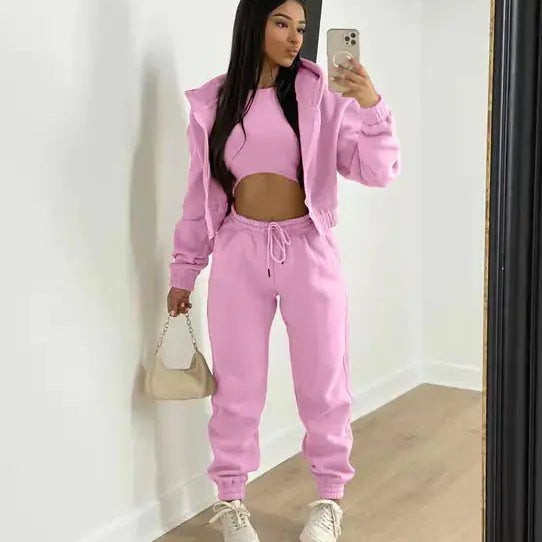 Three - Piece Cropped Zip - Up Hoodie, Bralette & Joggers Set - Casual Comfort - Women's Outfit Set