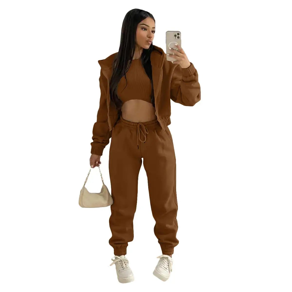 Three - Piece Cropped Zip - Up Hoodie, Bralette & Joggers Set - Casual Comfort - Women's Outfit Set