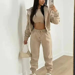 Three - Piece Cropped Zip - Up Hoodie, Bralette & Joggers Set - Casual Comfort - Women's Outfit Set