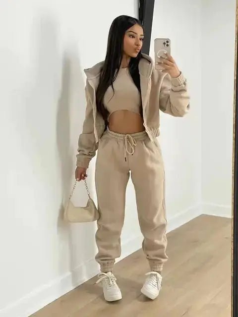 Three - Piece Cropped Zip - Up Hoodie, Bralette & Joggers Set - Casual Comfort - Women's Outfit Set