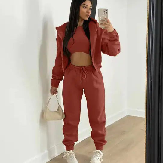 Three - Piece Cropped Zip - Up Hoodie, Bralette & Joggers Set - Casual Comfort - Women's Outfit Set