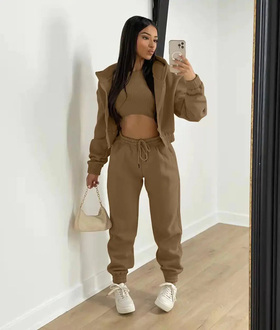 Three - Piece Cropped Zip - Up Hoodie, Bralette & Joggers Set - Casual Comfort - Women's Outfit Set