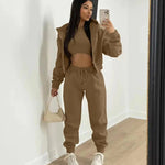 Three - Piece Cropped Zip - Up Hoodie, Bralette & Joggers Set - Casual Comfort - Women's Outfit Set