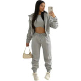 Three - Piece Cropped Zip - Up Hoodie, Bralette & Joggers Set - Casual Comfort - Women's Outfit Set