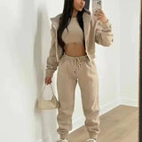 Three - Piece Cropped Zip - Up Hoodie, Bralette & Joggers Set - Casual Comfort - Women's Outfit Set