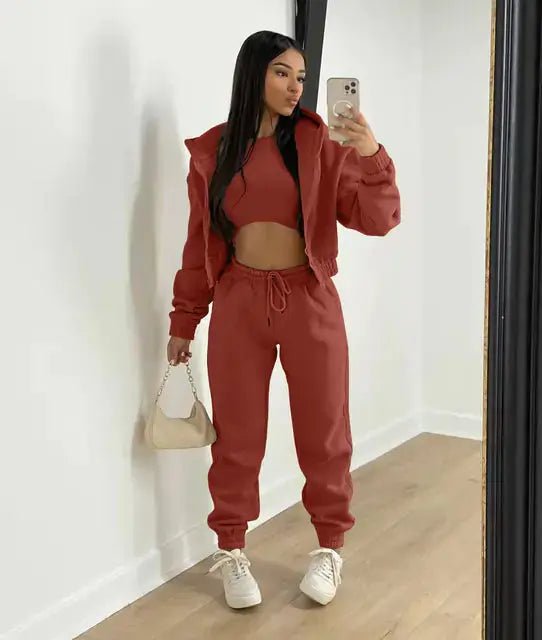 Three - Piece Cropped Zip - Up Hoodie, Bralette & Joggers Set - Casual Comfort - Women's Outfit Set