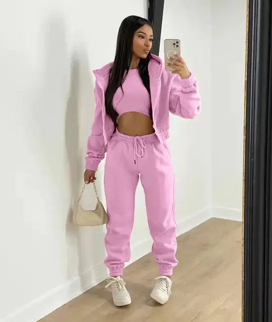 Three - Piece Cropped Zip - Up Hoodie, Bralette & Joggers Set - Casual Comfort - Women's Outfit Set