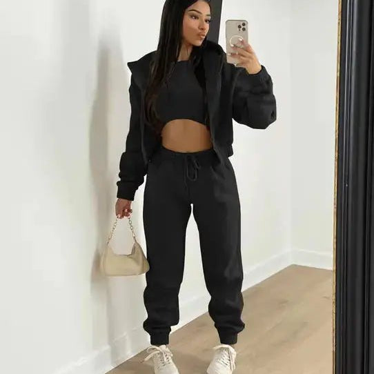 Three - Piece Cropped Zip - Up Hoodie, Bralette & Joggers Set - Casual Comfort - Women's Outfit Set