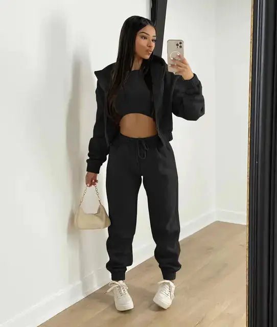 Three - Piece Cropped Zip - Up Hoodie, Bralette & Joggers Set - Casual Comfort - Women's Outfit Set