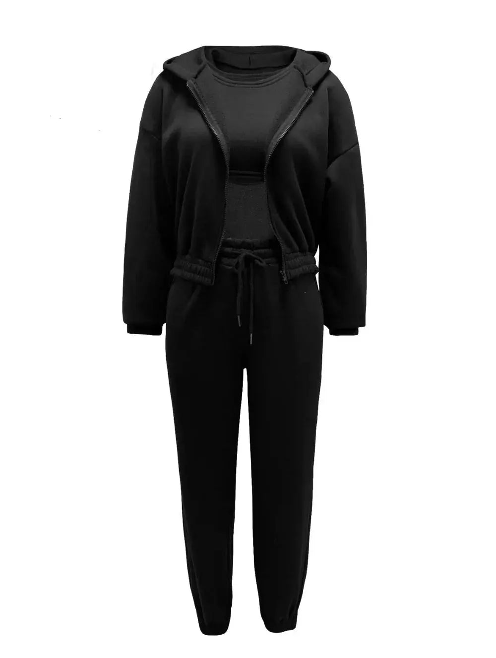 Three - Piece Cropped Zip - Up Hoodie, Bralette & Joggers Set - Casual Comfort - Women's Outfit Set