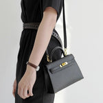 Timeless Structured Leather Bag with Elegant Handle - Women's Handbags