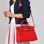 Timeless Structured Leather Satchel – Classic Elegance with Lock Detail - Women's Handbags