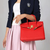 Timeless Structured Leather Satchel – Classic Elegance with Lock Detail - Women's Handbags