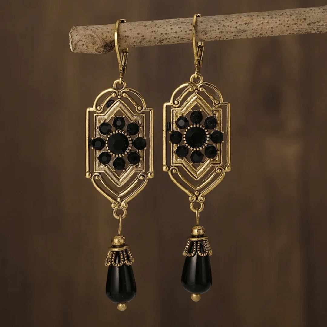 Vintage Black Crystal Drop Earrings – Ornate Art Deco Style - Earrings