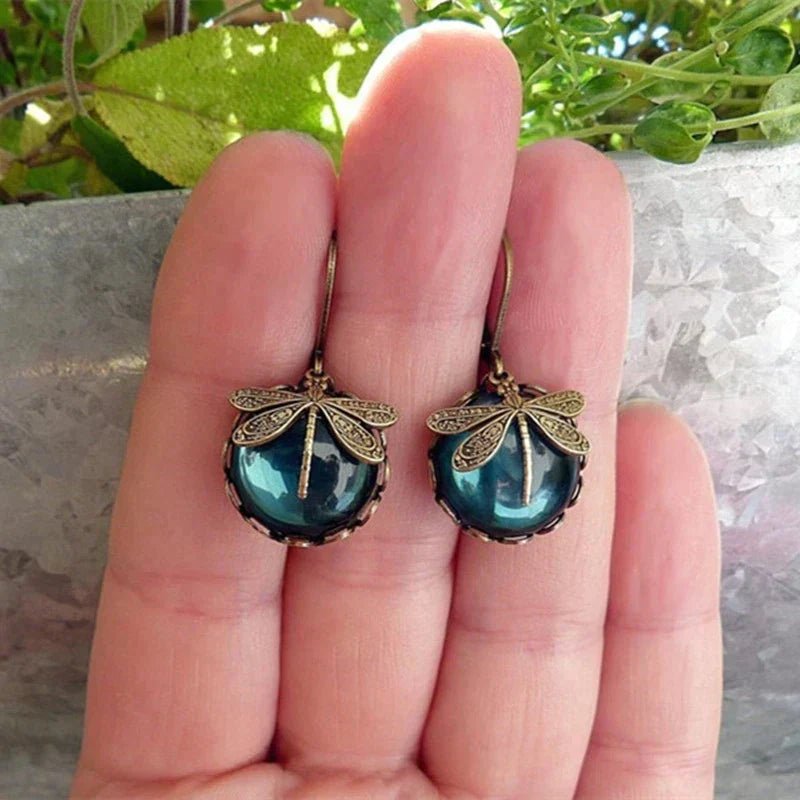 Vintage Bronze Dragonfly Earrings with Blue Glass Cabochon - Earrings