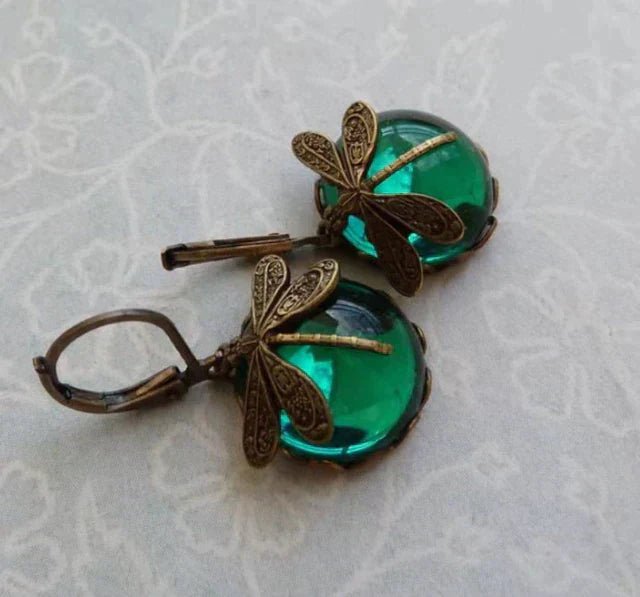 Vintage Bronze Dragonfly Earrings with Blue Glass Cabochon - Earrings