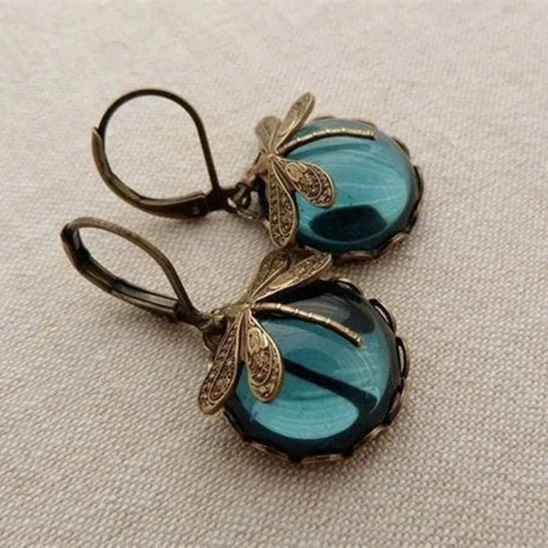Vintage Bronze Dragonfly Earrings with Blue Glass Cabochon - Earrings