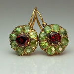 Vintage Floral Earrings – Red Garnet & Green Peridot in Gold Setting - Earrings
