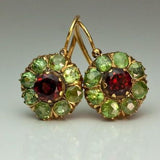 Vintage Floral Earrings – Red Garnet & Green Peridot in Gold Setting - Earrings