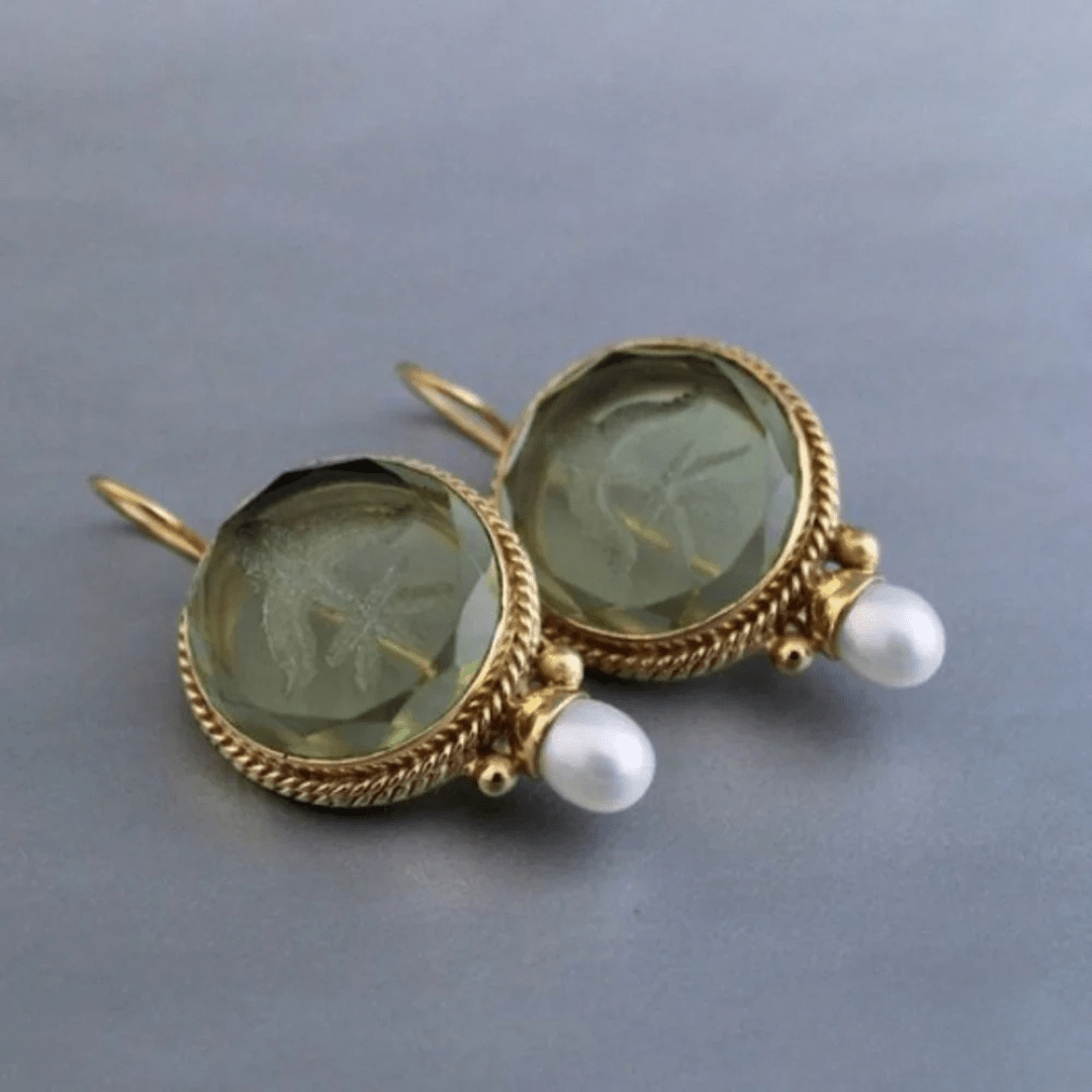 Vintage Green Crystal Earrings with Pearl Drop & Palm Engraving - Earrings