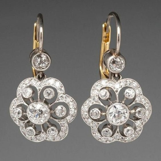 Vintage - Inspired Diamond Drop Earrings – Floral White Gold Setting - Earrings
