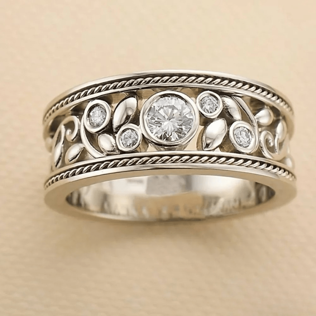 Wide Silver Filigree Ring with Leaf Detail and Bezel Diamonds - Ring