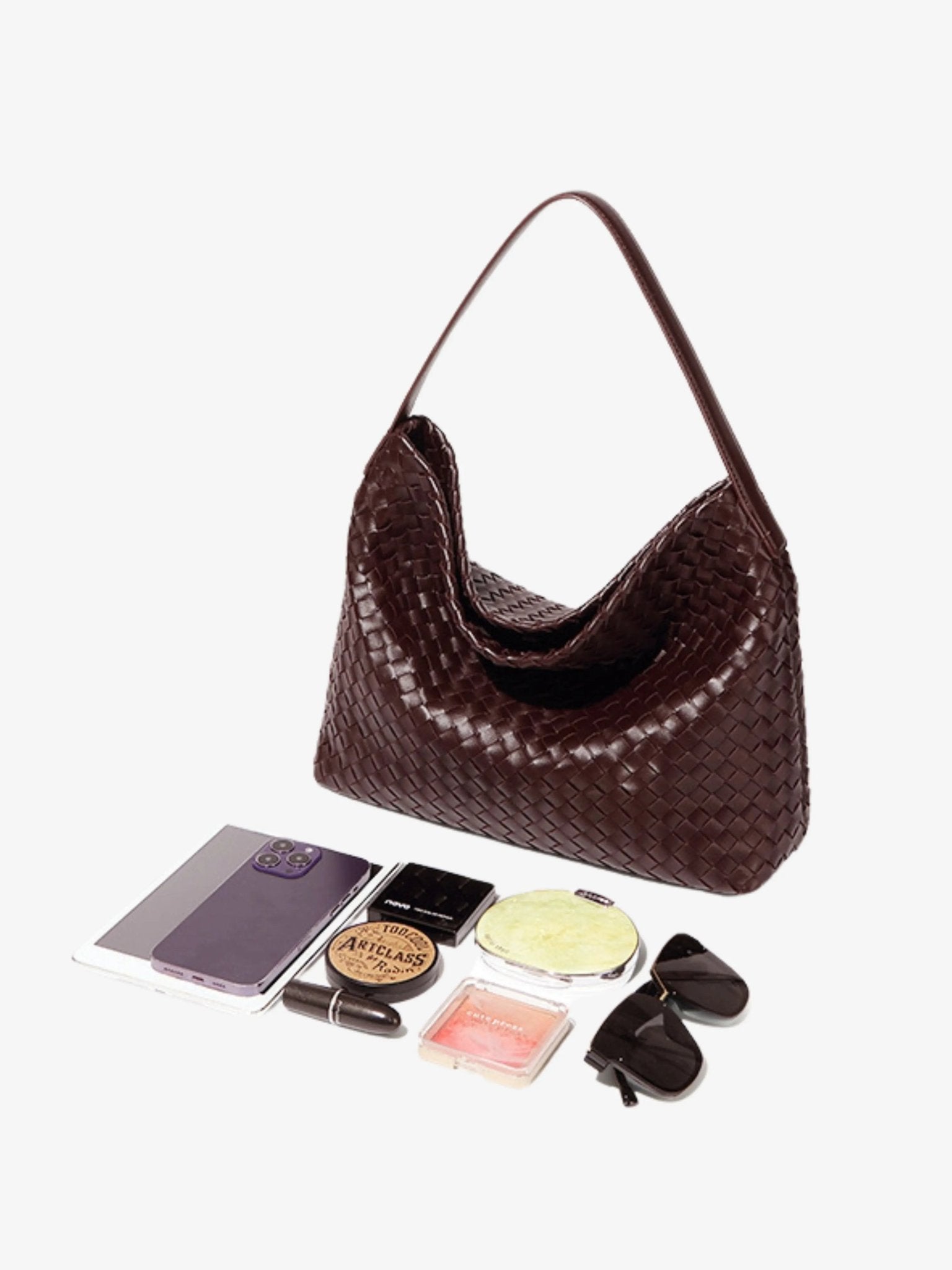 Woven Leather Hobo Bag with Slouchy Silhouette - Women's Shoulder Bag
