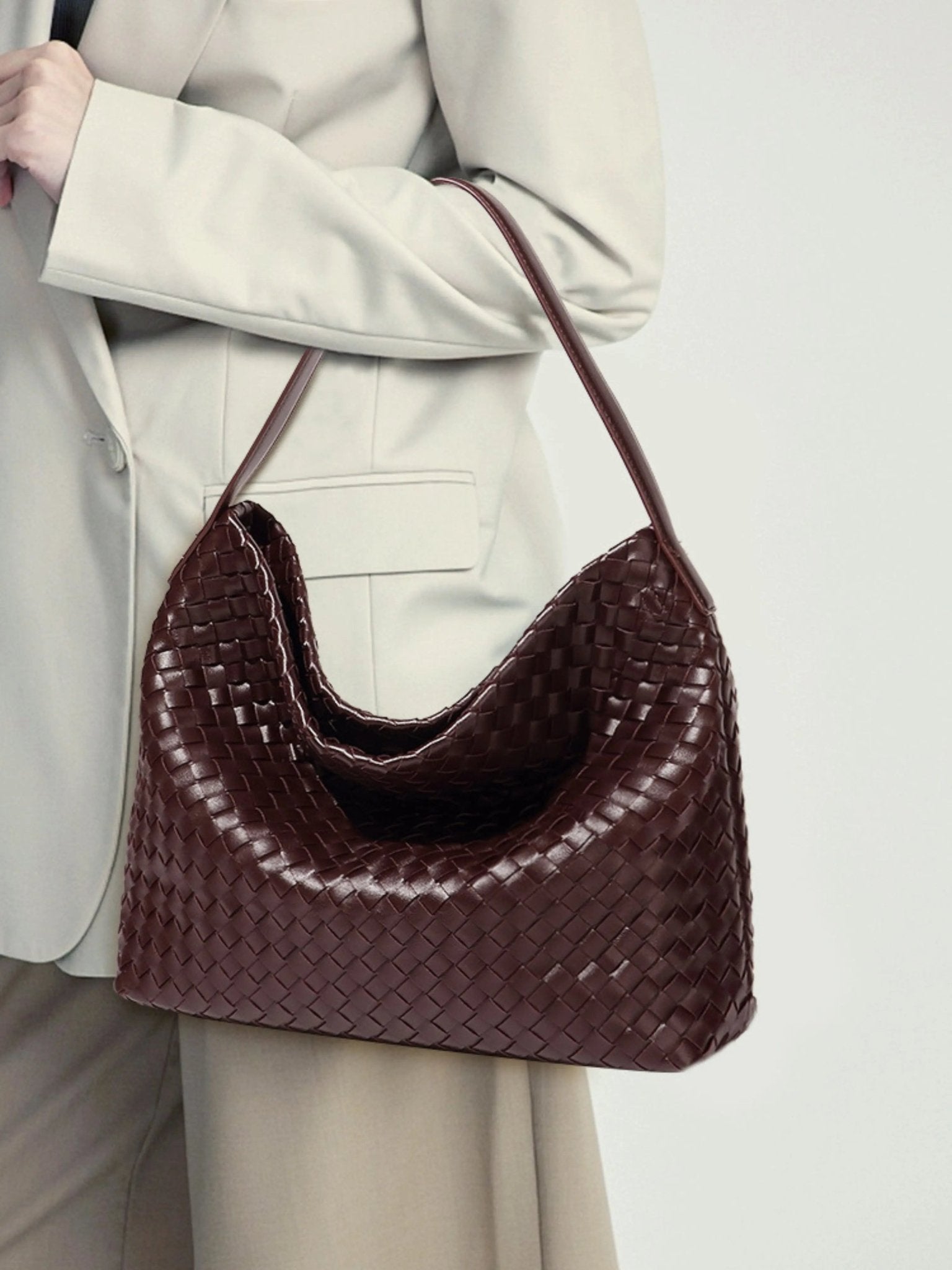 Woven Leather Hobo Bag with Slouchy Silhouette - Women's Shoulder Bag